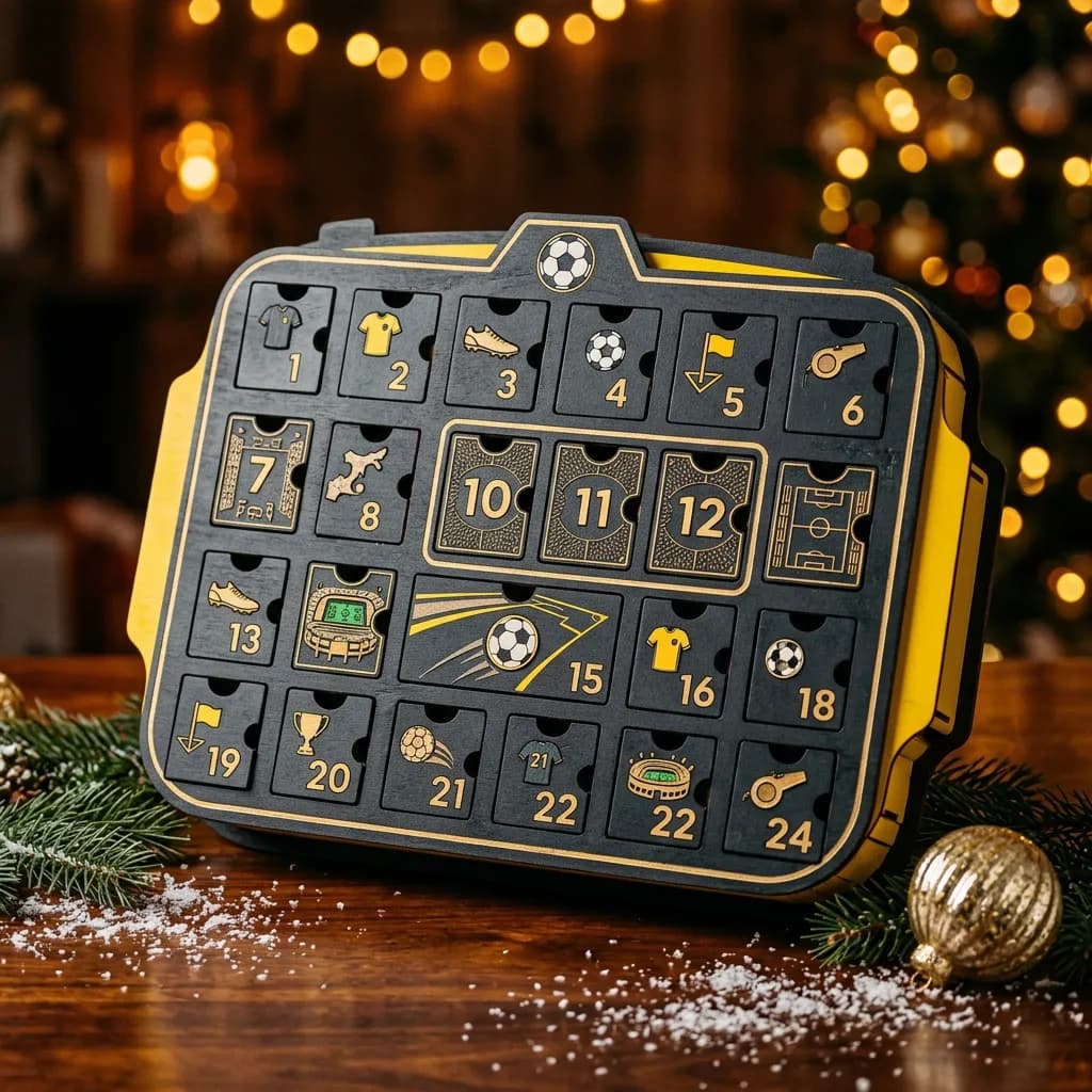 Gelber und schwarzer Adventskalender mit Türchen auf einem Holztisch neben Tannennadeln und einer Goldkugel.